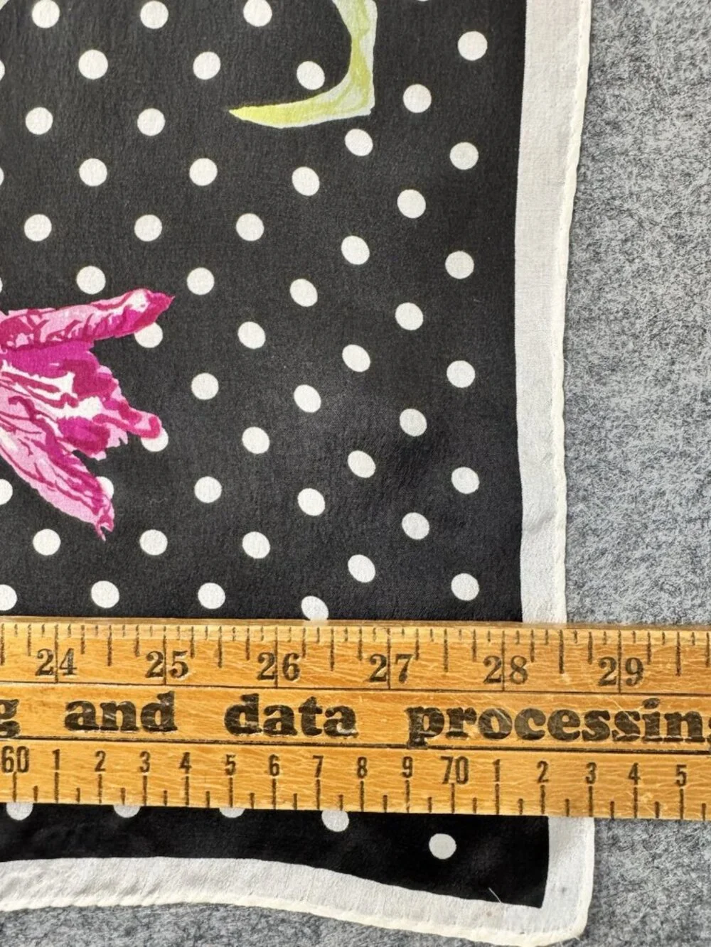 Vintage SILK Scarf, Black & White Polka Dots with Pink Florals 28.5